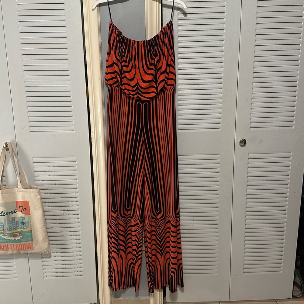 Symphony- Strapless Jumpshit Orange Black Strips